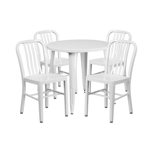 Commercial Grade 30" Round White Metal Indoor-Outdoor Table Set with 4 Vertical Slat Back Chairs