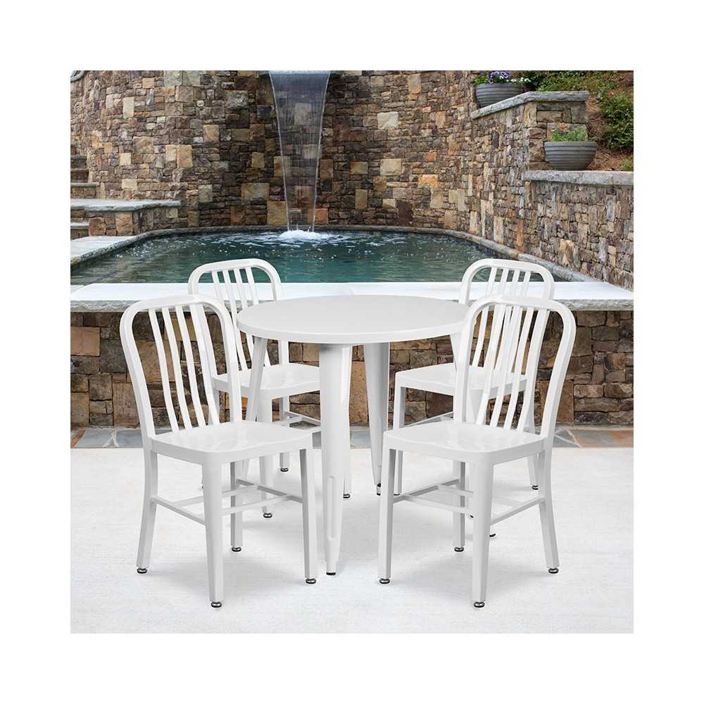 Commercial Grade 30" Round White Metal Indoor-Outdoor Table Set with 4 Vertical Slat Back Chairs