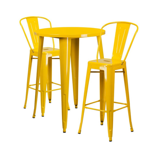 Commercial Grade 30" Round Yellow Metal Indoor-Outdoor Bar Table Set with 2 Cafe Stools