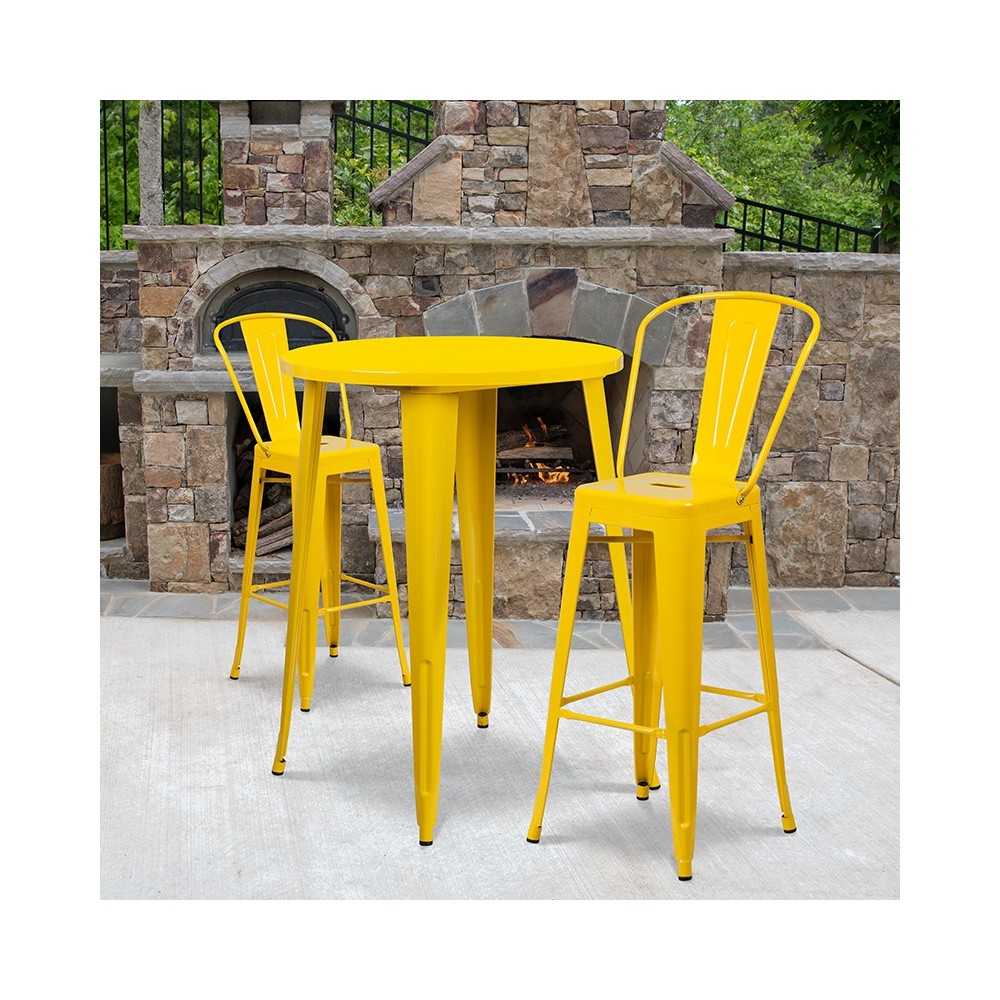 Commercial Grade 30" Round Yellow Metal Indoor-Outdoor Bar Table Set with 2 Cafe Stools