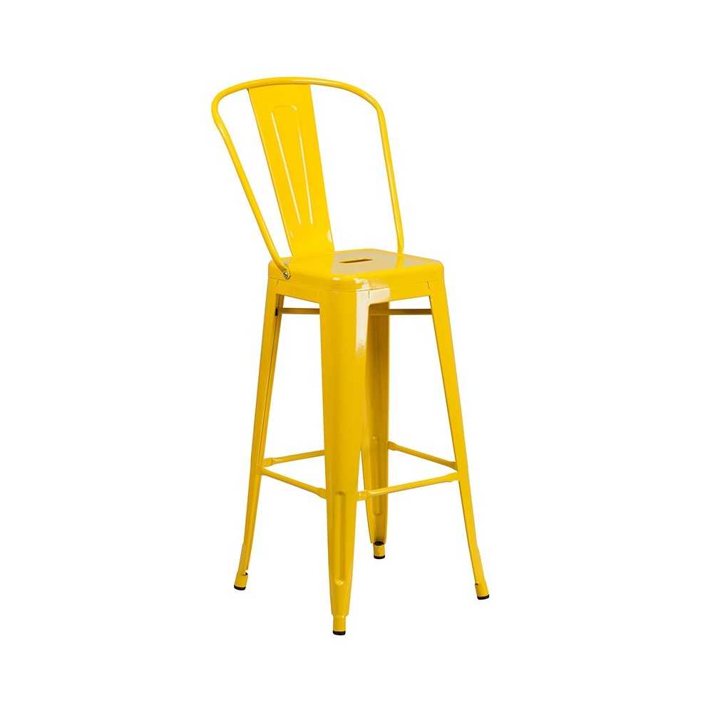 Commercial Grade 30" Round Yellow Metal Indoor-Outdoor Bar Table Set with 2 Cafe Stools
