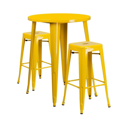 Commercial Grade 30" Round Yellow Metal Indoor-Outdoor Bar Table Set with 2 Square Seat Backless Stools