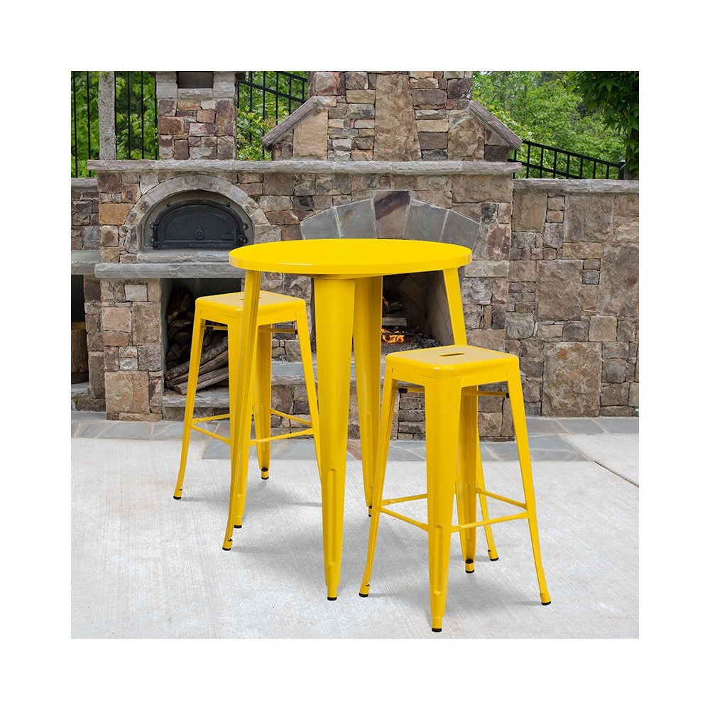 Commercial Grade 30" Round Yellow Metal Indoor-Outdoor Bar Table Set with 2 Square Seat Backless Stools