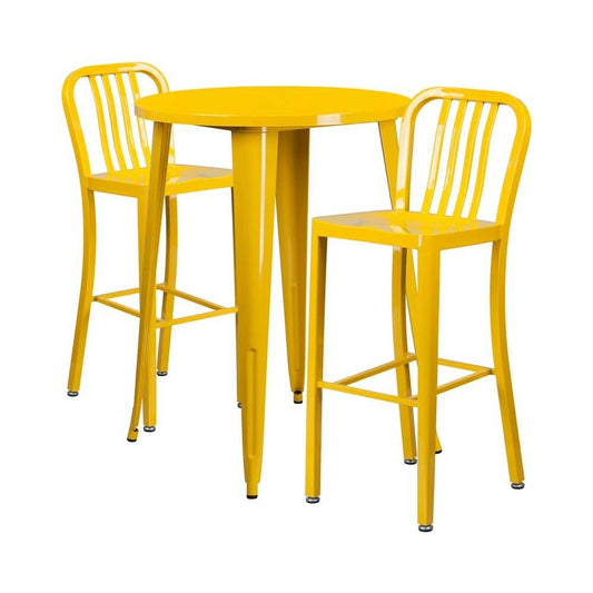 Commercial Grade 30" Round Yellow Metal Indoor-Outdoor Bar Table Set with 2 Vertical Slat Back Stools