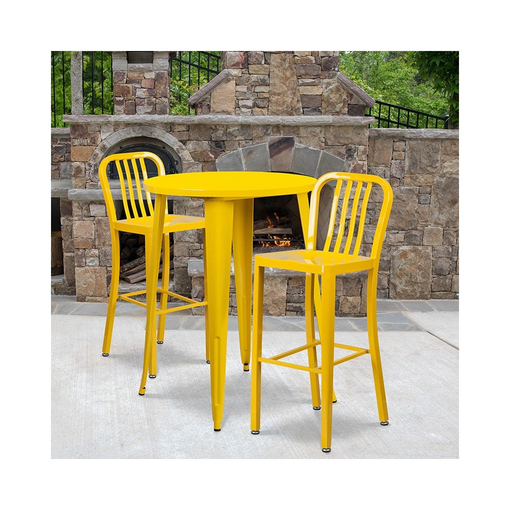 Commercial Grade 30" Round Yellow Metal Indoor-Outdoor Bar Table Set with 2 Vertical Slat Back Stools