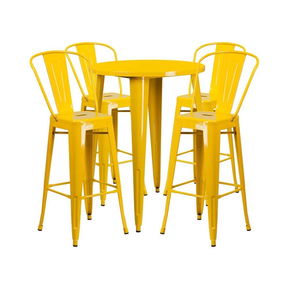 Commercial Grade 30" Round Yellow Metal Indoor-Outdoor Bar Table Set with 4 Cafe Stools