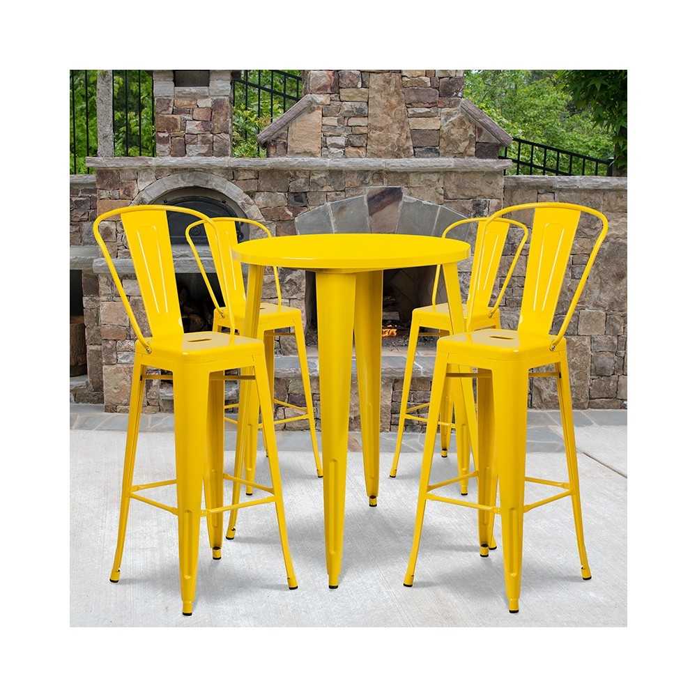 Commercial Grade 30" Round Yellow Metal Indoor-Outdoor Bar Table Set with 4 Cafe Stools