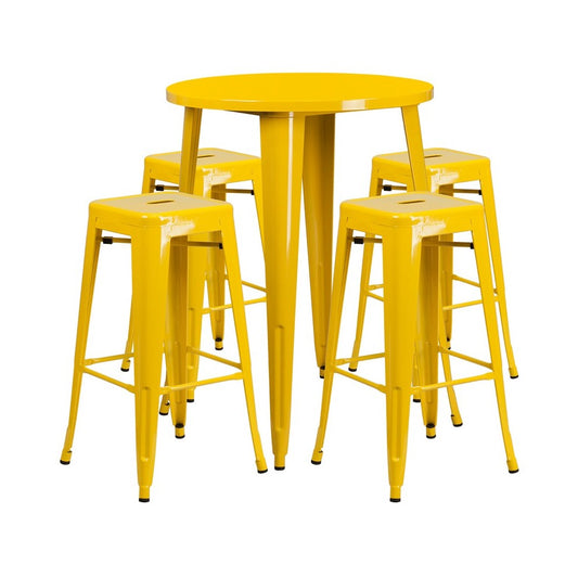 Commercial Grade 30" Round Yellow Metal Indoor-Outdoor Bar Table Set with 4 Square Seat Backless Stools