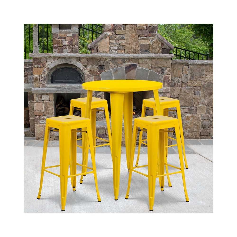 Commercial Grade 30" Round Yellow Metal Indoor-Outdoor Bar Table Set with 4 Square Seat Backless Stools