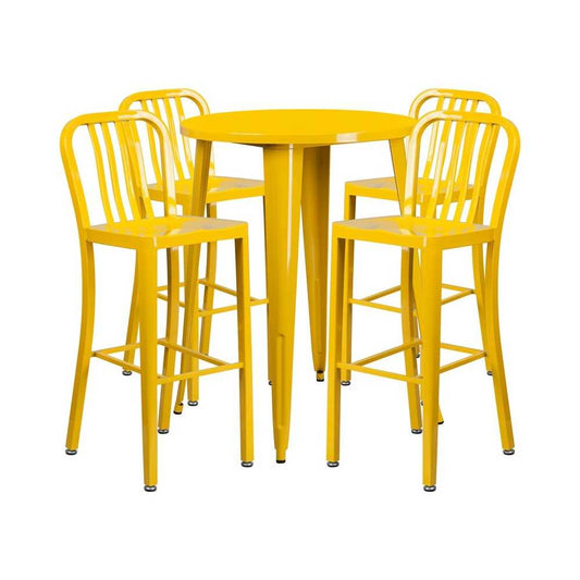 Commercial Grade 30" Round Yellow Metal Indoor-Outdoor Bar Table Set with 4 Vertical Slat Back Stools