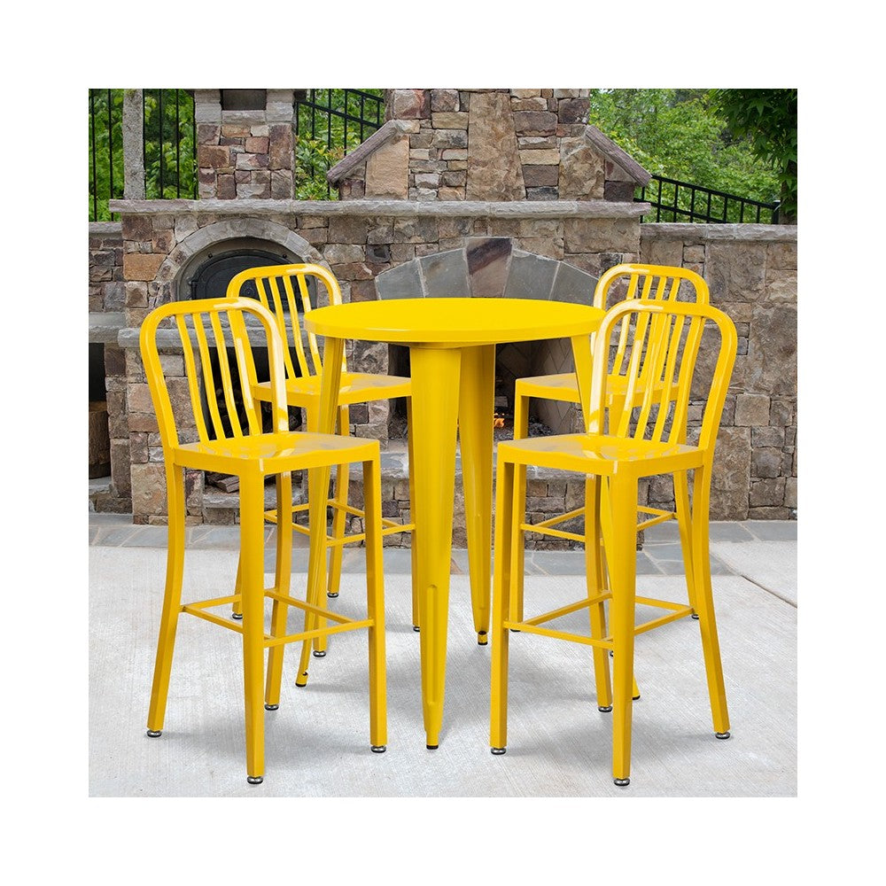 Commercial Grade 30" Round Yellow Metal Indoor-Outdoor Bar Table Set with 4 Vertical Slat Back Stools
