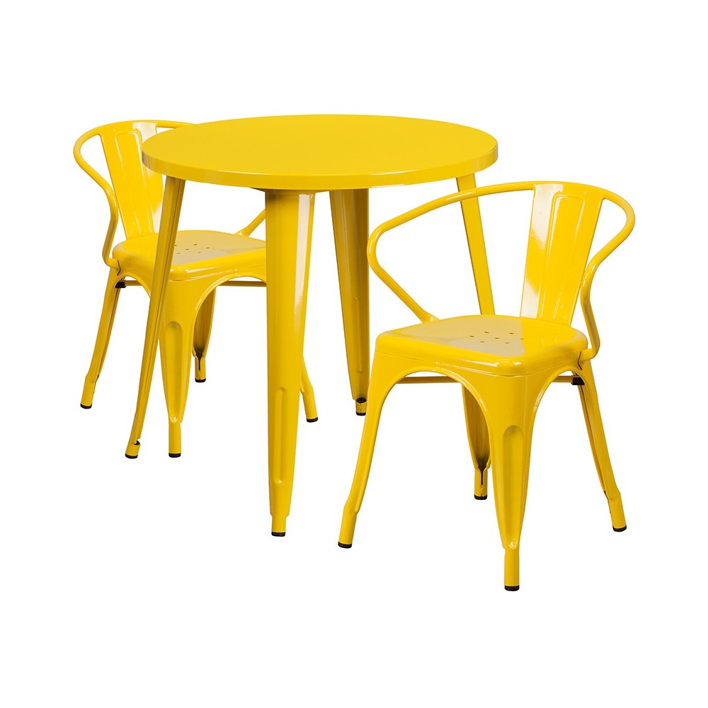 Commercial Grade 30" Round Yellow Metal Indoor-Outdoor Table Set with 2 Arm Chairs