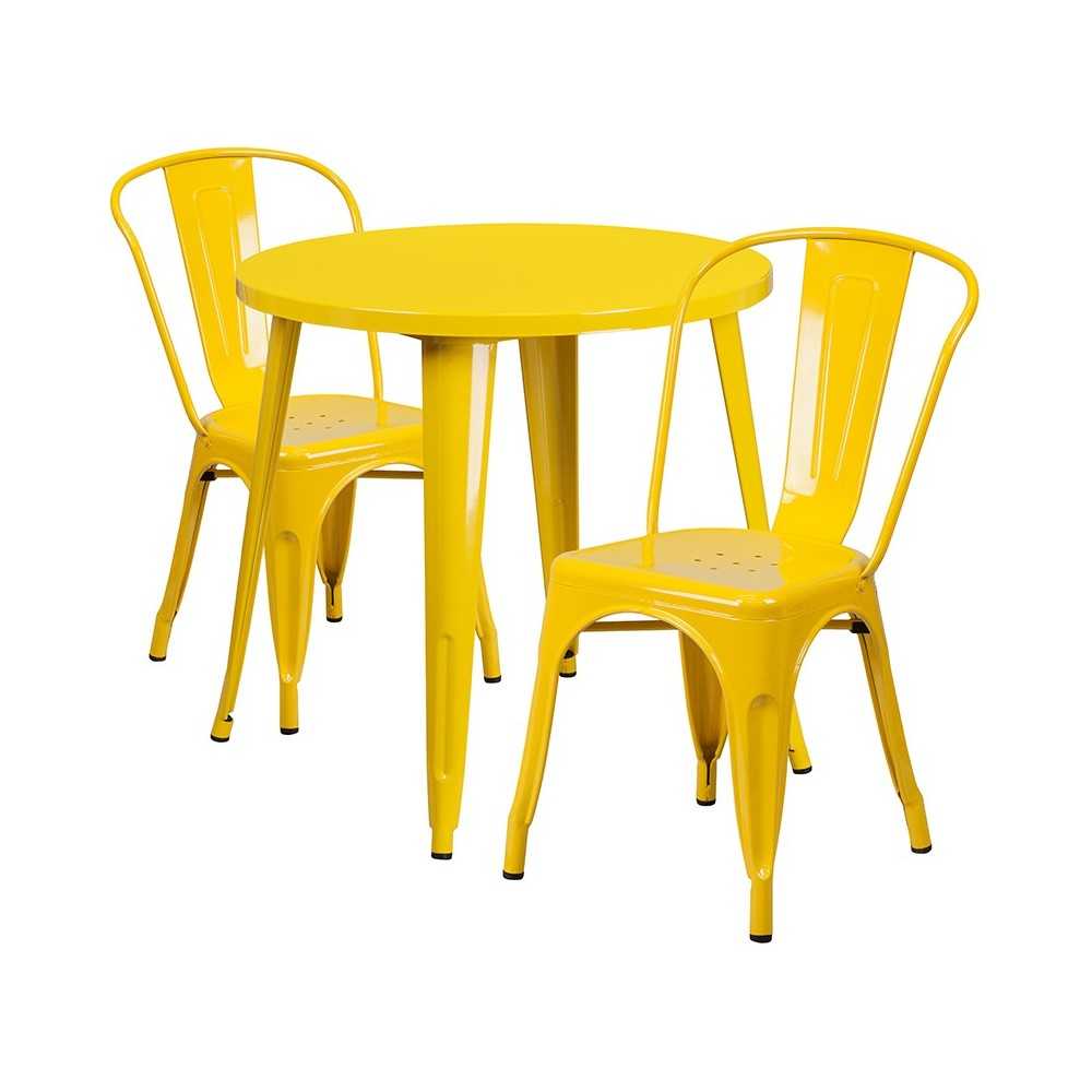 Commercial Grade 30" Round Yellow Metal Indoor-Outdoor Table Set with 2 Cafe Chairs