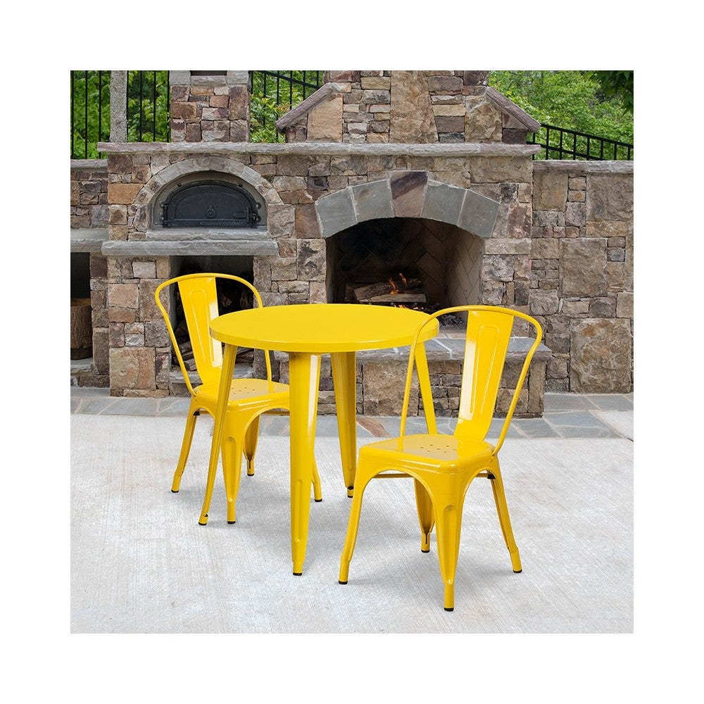 Commercial Grade 30" Round Yellow Metal Indoor-Outdoor Table Set with 2 Cafe Chairs