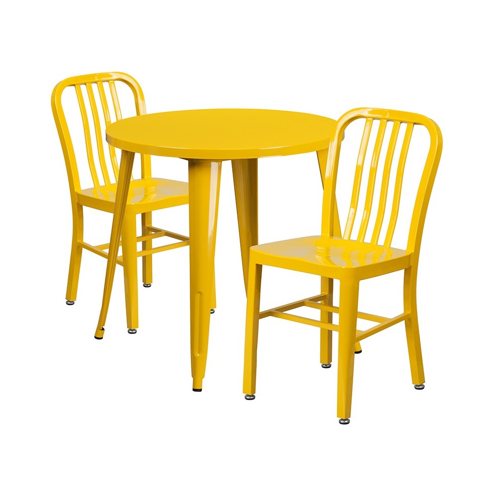 Commercial Grade 30" Round Yellow Metal Indoor-Outdoor Table Set with 2 Vertical Slat Back Chairs