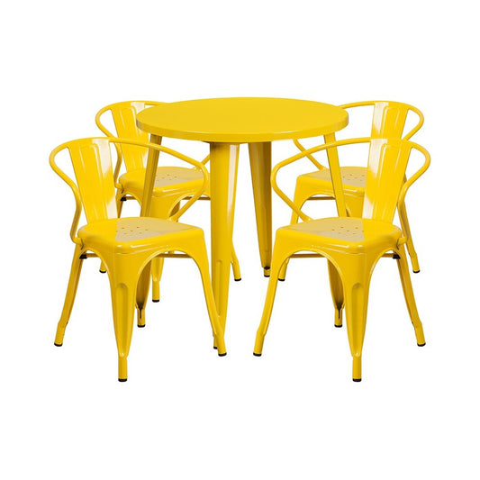 Commercial Grade 30" Round Yellow Metal Indoor-Outdoor Table Set with 4 Arm Chairs