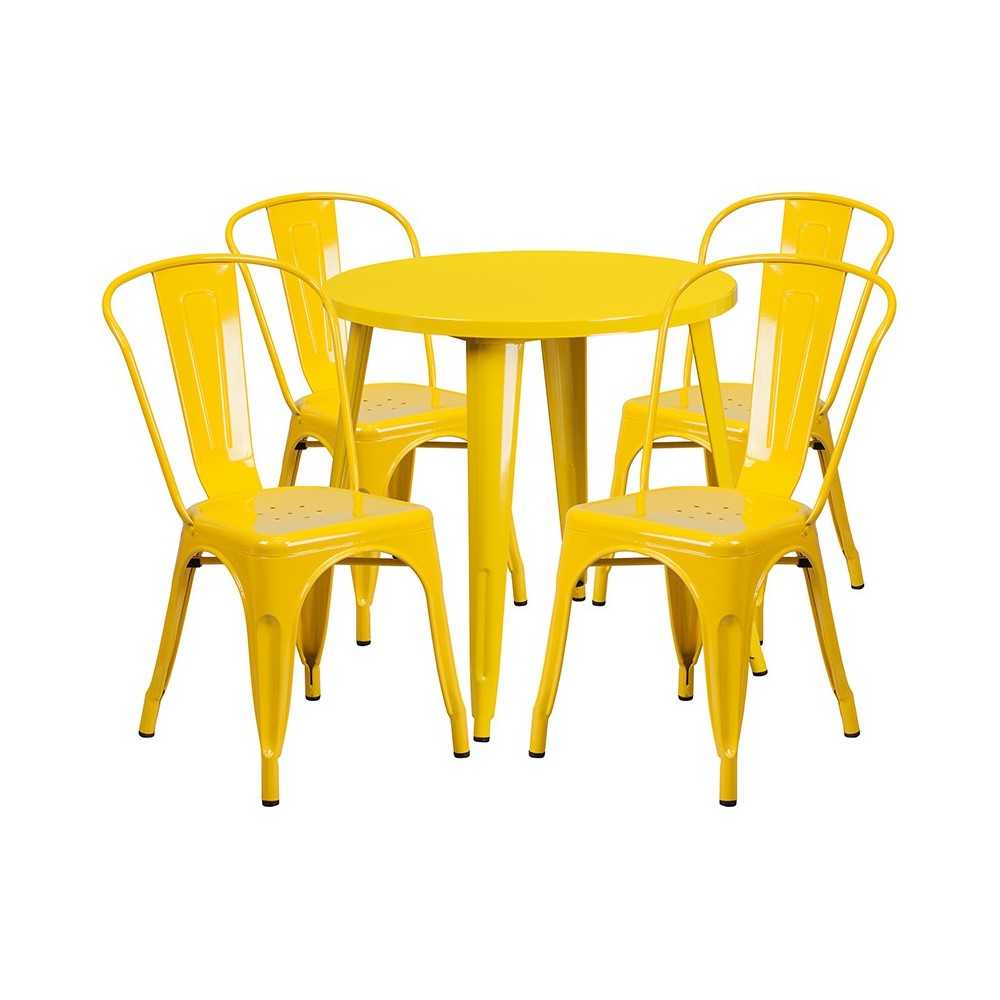 Commercial Grade 30" Round Yellow Metal Indoor-Outdoor Table Set with 4 Cafe Chairs