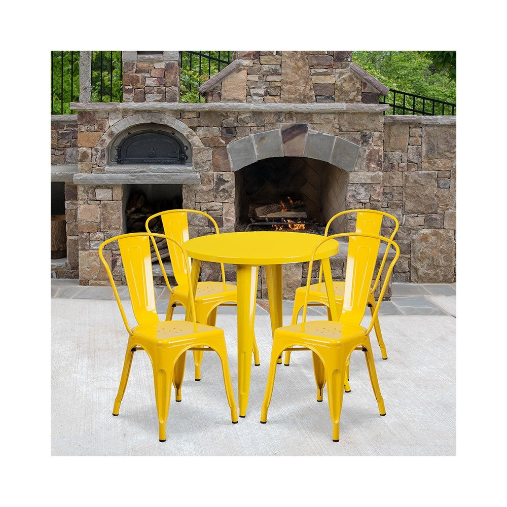 Commercial Grade 30" Round Yellow Metal Indoor-Outdoor Table Set with 4 Cafe Chairs