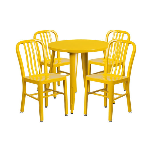 Commercial Grade 30" Round Yellow Metal Indoor-Outdoor Table Set with 4 Vertical Slat Back Chairs