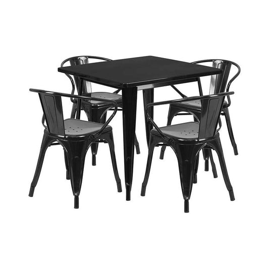 Commercial Grade 31.5" Square Black Metal Indoor-Outdoor Table Set with 4 Arm Chairs