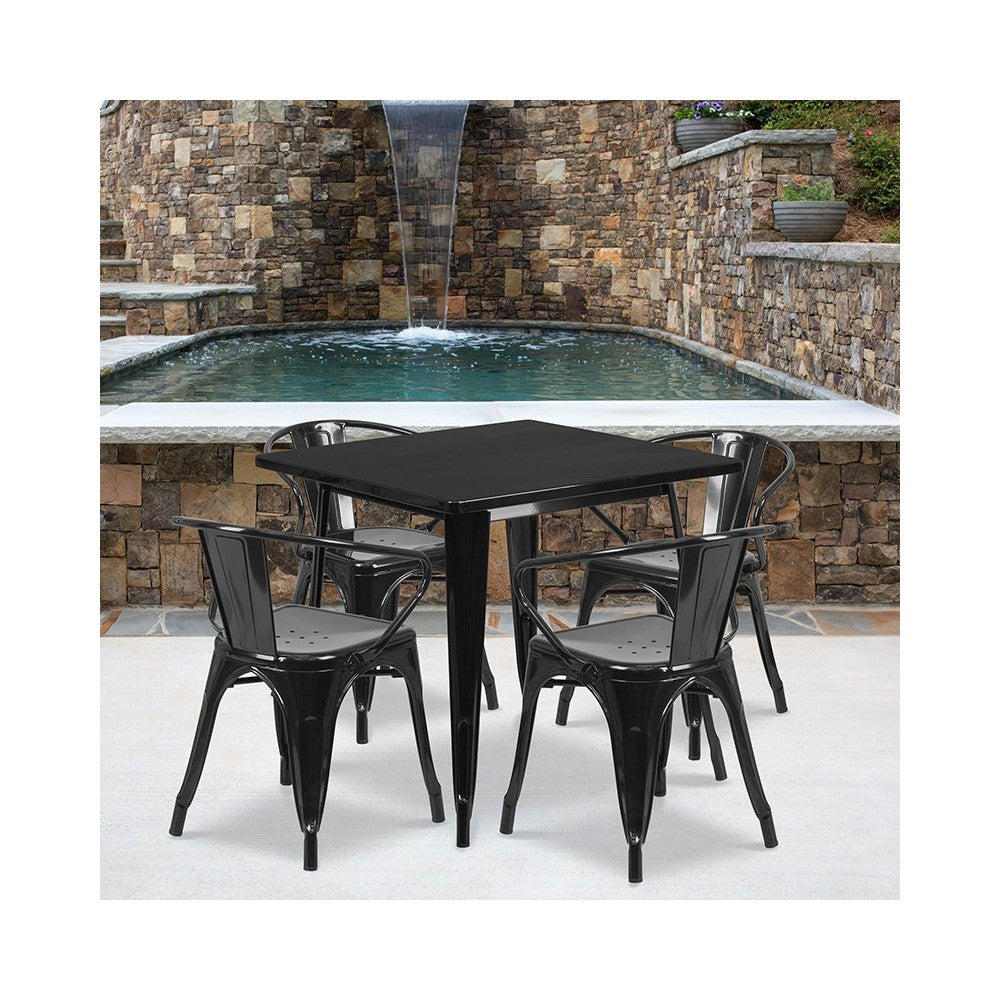 Commercial Grade 31.5" Square Black Metal Indoor-Outdoor Table Set with 4 Arm Chairs
