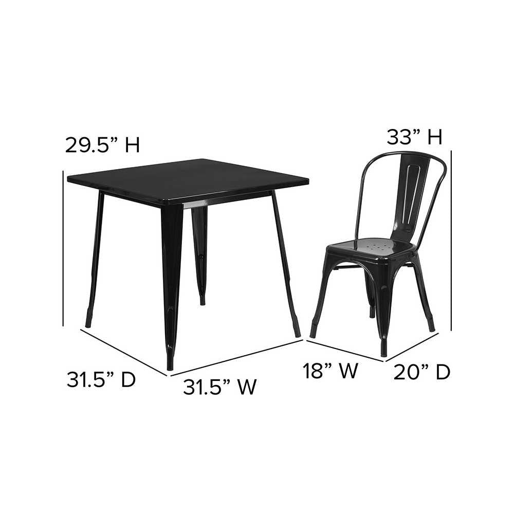 Commercial Grade 31.5" Square Black Metal Indoor-Outdoor Table Set with 4 Stack Chairs