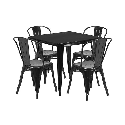 Commercial Grade 31.5" Square Black Metal Indoor-Outdoor Table Set with 4 Stack Chairs