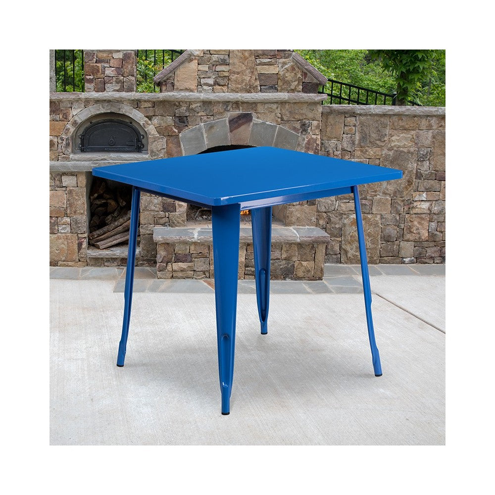 Commercial Grade 31.5" Square Blue Metal Indoor-Outdoor Table