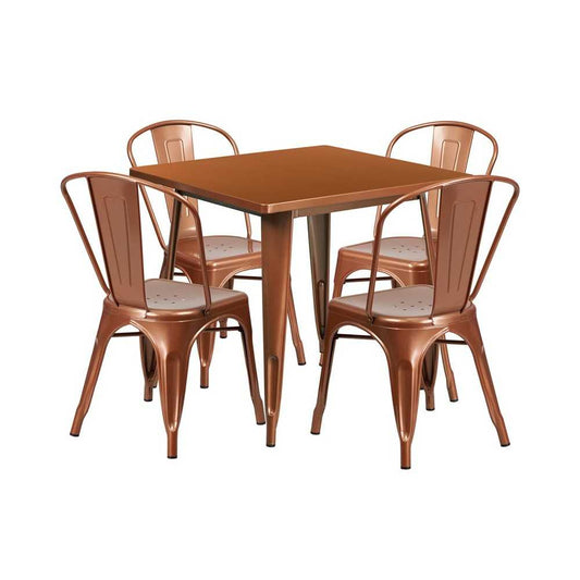 Commercial Grade 31.5" Square Copper Metal Indoor-Outdoor Table Set with 4 Stack Chairs