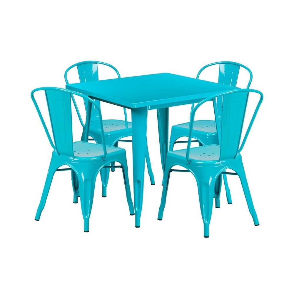 Commercial Grade 31.5" Square Crystal Teal-Blue Metal Indoor-Outdoor Table Set with 4 Stack Chairs