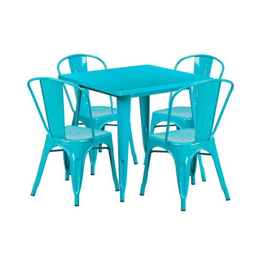 Commercial Grade 31.5" Square Crystal Teal-Blue Metal Indoor-Outdoor Table Set with 4 Stack Chairs