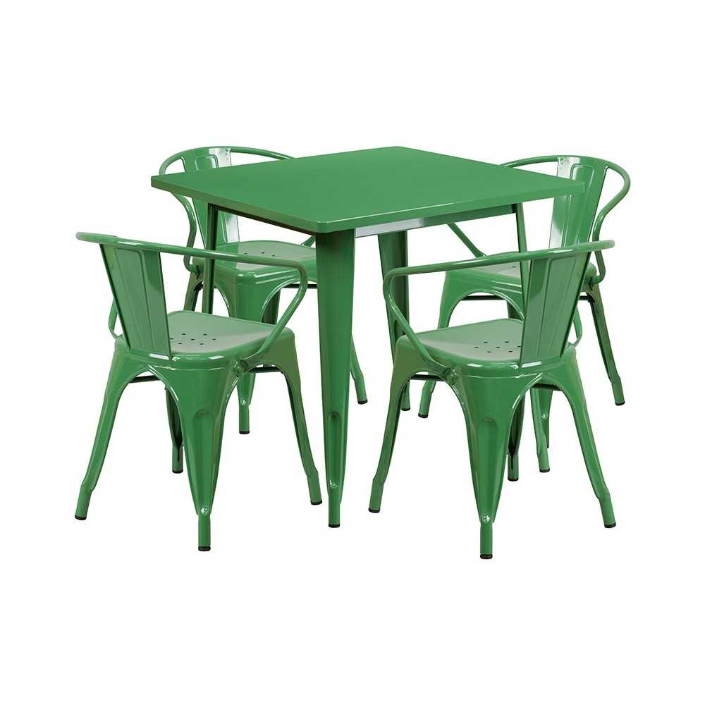 Commercial Grade 31.5" Square Green Metal Indoor-Outdoor Table Set with 4 Arm Chairs