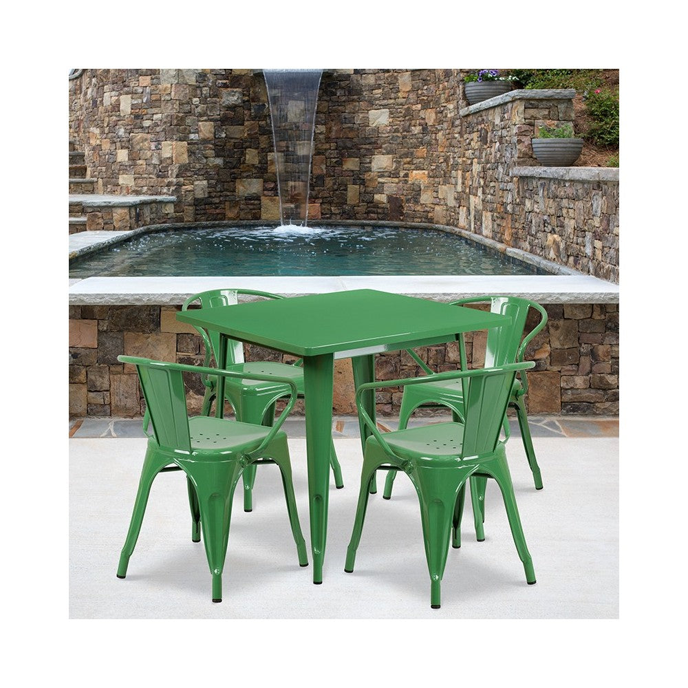 Commercial Grade 31.5" Square Green Metal Indoor-Outdoor Table Set with 4 Arm Chairs