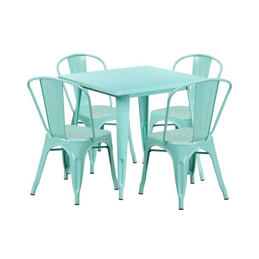 Commercial Grade 31.5" Square Mint Green Metal Indoor-Outdoor Table Set with 4 Stack Chairs