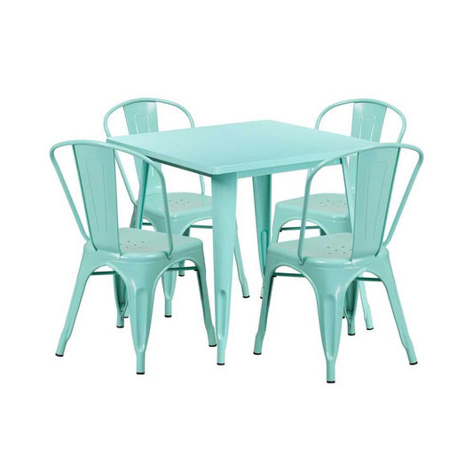 Commercial Grade 31.5" Square Mint Green Metal Indoor-Outdoor Table Set with 4 Stack Chairs