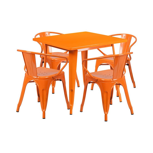 Commercial Grade 31.5" Square Orange Metal Indoor-Outdoor Table Set with 4 Arm Chairs