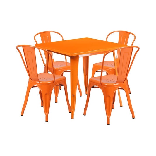 Commercial Grade 31.5" Square Orange Metal Indoor-Outdoor Table Set with 4 Stack Chairs