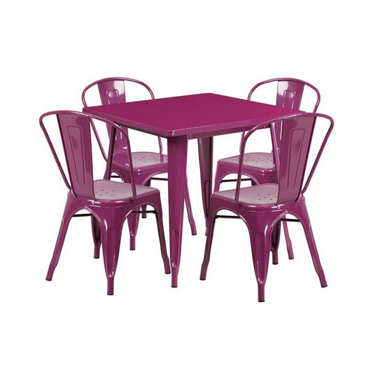 Commercial Grade 31.5" Square Purple Metal Indoor-Outdoor Table Set with 4 Stack Chairs