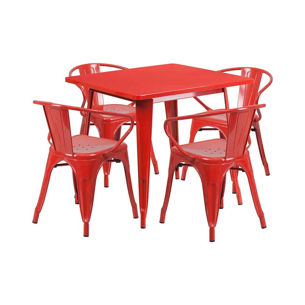 Commercial Grade 31.5" Square Red Metal Indoor-Outdoor Table Set with 4 Arm Chairs