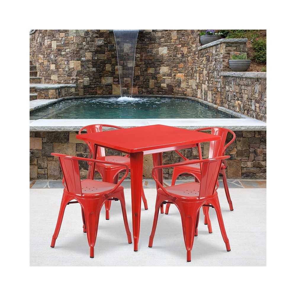 Commercial Grade 31.5" Square Red Metal Indoor-Outdoor Table Set with 4 Arm Chairs