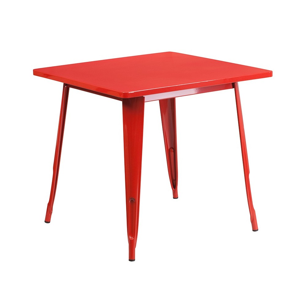 Commercial Grade 31.5" Square Red Metal Indoor-Outdoor Table Set with 4 Arm Chairs