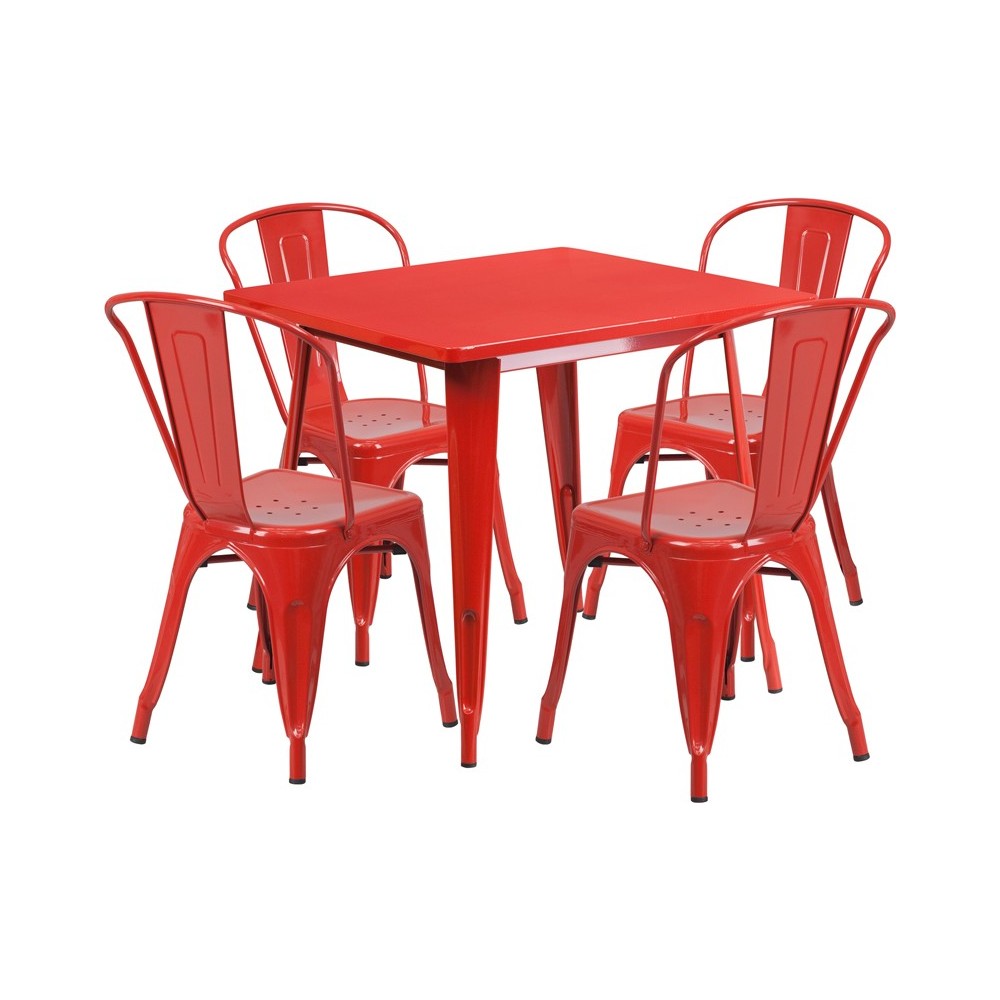 Commercial Grade 31.5" Square Red Metal Indoor-Outdoor Table Set with 4 Stack Chairs