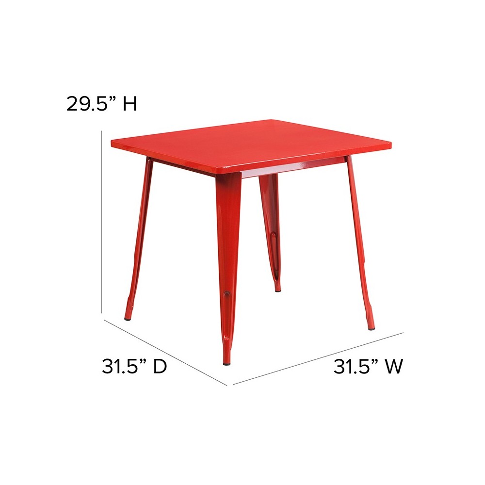 Commercial Grade 31.5" Square Red Metal Indoor-Outdoor Table