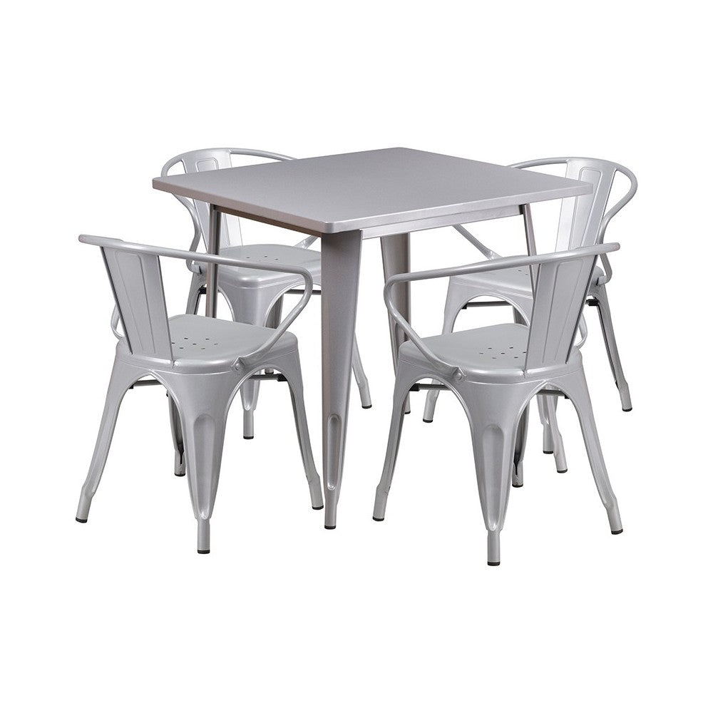 Commercial Grade 31.5" Square Silver Metal Indoor-Outdoor Table Set with 4 Arm Chairs