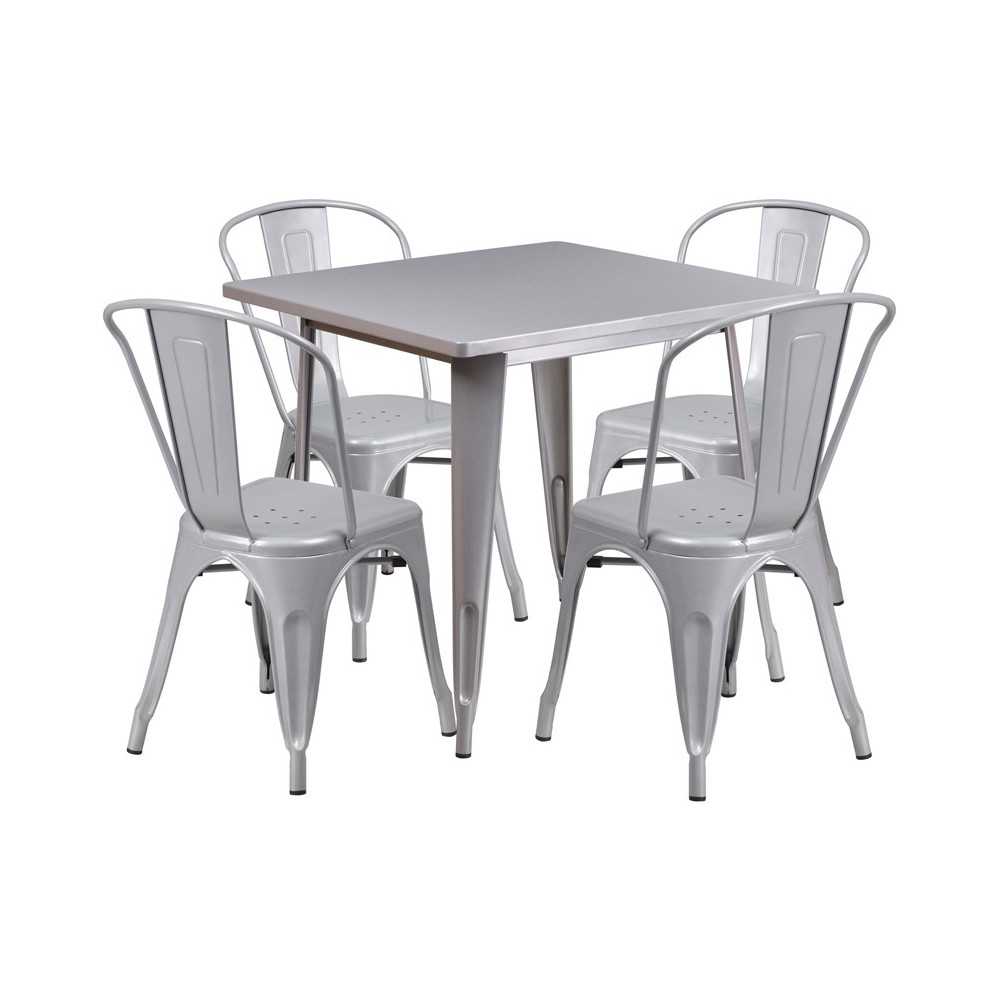 Commercial Grade 31.5" Square Silver Metal Indoor-Outdoor Table Set with 4 Stack Chairs