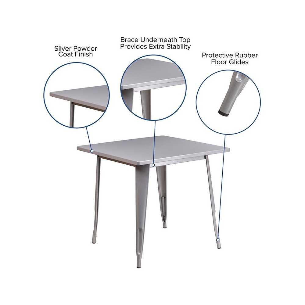 Commercial Grade 31.5" Square Silver Metal Indoor-Outdoor Table