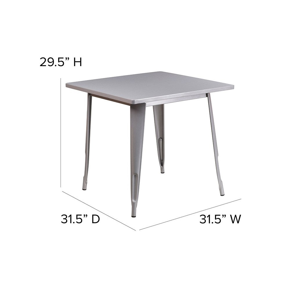 Commercial Grade 31.5" Square Silver Metal Indoor-Outdoor Table