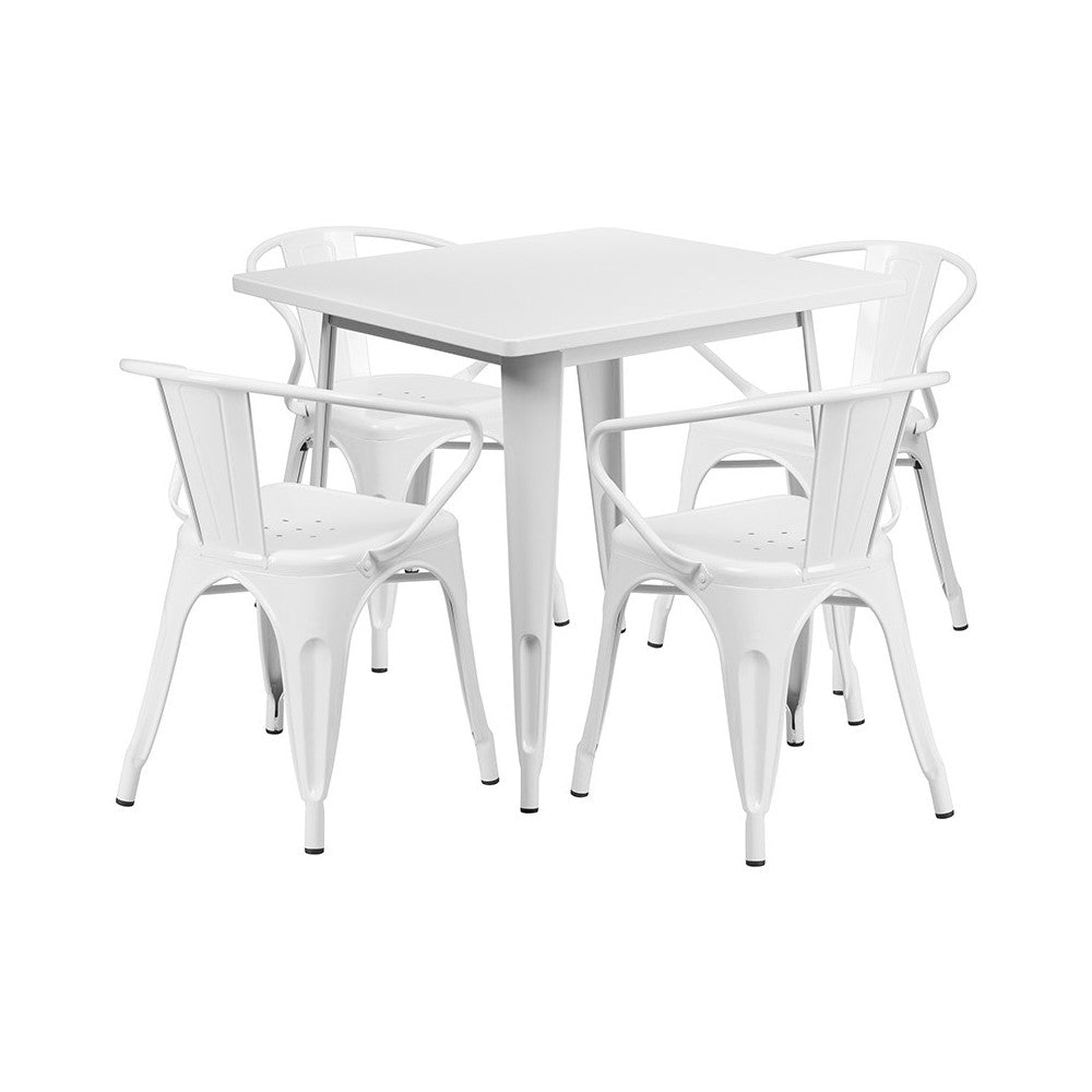 Commercial Grade 31.5" Square White Metal Indoor-Outdoor Table Set with 4 Arm Chairs