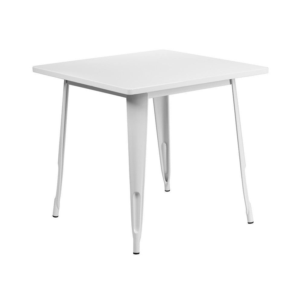 Commercial Grade 31.5" Square White Metal Indoor-Outdoor Table Set with 4 Arm Chairs