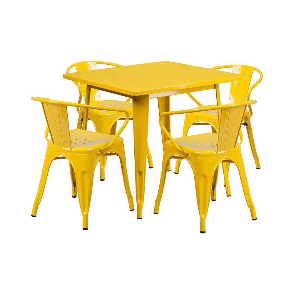 Commercial Grade 31.5" Square Yellow Metal Indoor-Outdoor Table Set with 4 Arm Chairs